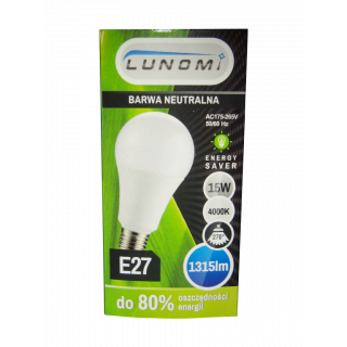 Żarówka LED E27 A60 15W 175-265V kulka - barwa neutralna - LUNOMI...