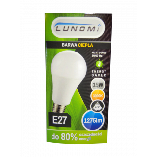 Żarówka LED E27 A60 15W 175-265V kulka - barwa ciepła - LUNOMI...